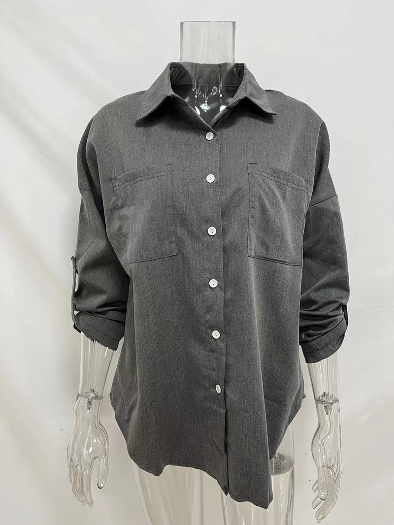 Camicia in denim da donna, camicia da cappotto casual all-match a maniche lunghe con doppia tasca ampia_voghion.com