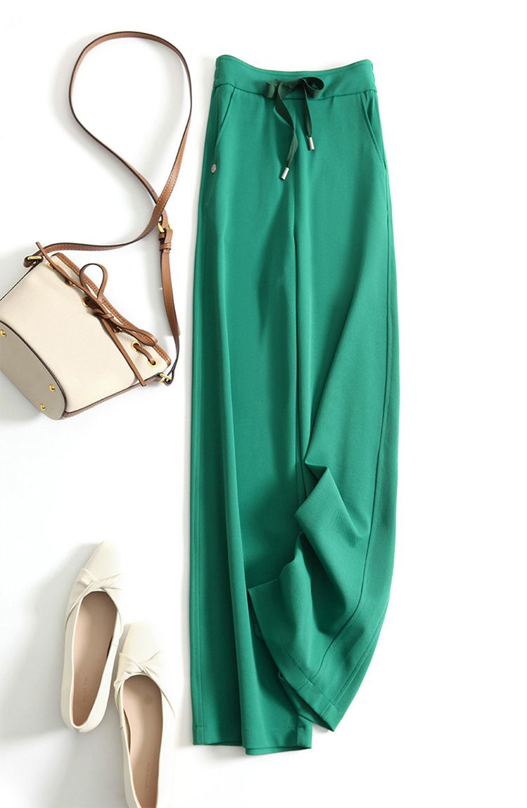 Women's Clothing Plaid Temperament Commuting Beltless High Waist Drawstring Loose Yellow Trousers Wide Leg Pants_voghion.com