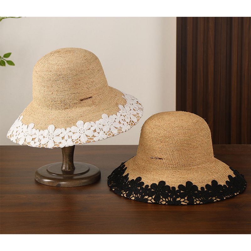 Lace Raffia Women's Summer Hand Knit Wide Brim Foldable Sun Protection Fisherman's Hat_voghion.com