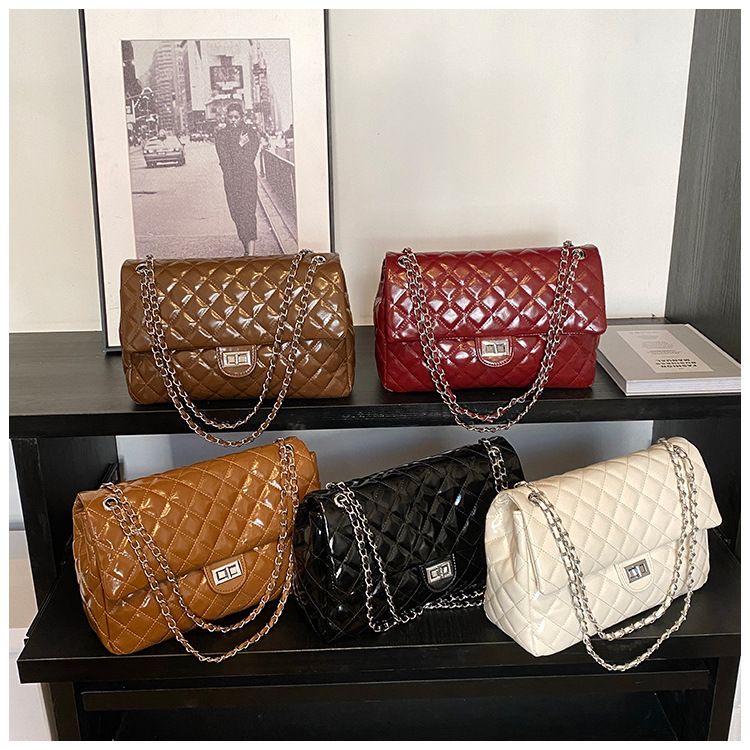 Borsa a tracolla trapuntata con catena lucida da aeroporto, grande capacità, da donna, per pendolari_voghion.com