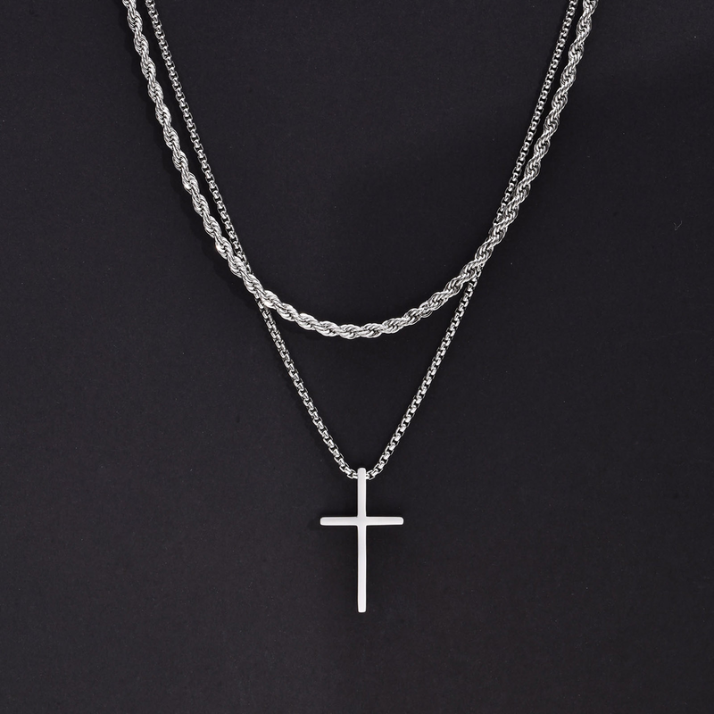 Collane da uomo Vnox, ciondolo a croce semplice a strati in acciaio inossidabile, collana con catena a scatola di corda, semplice collare con preghiera di Gesù_voghion.com
