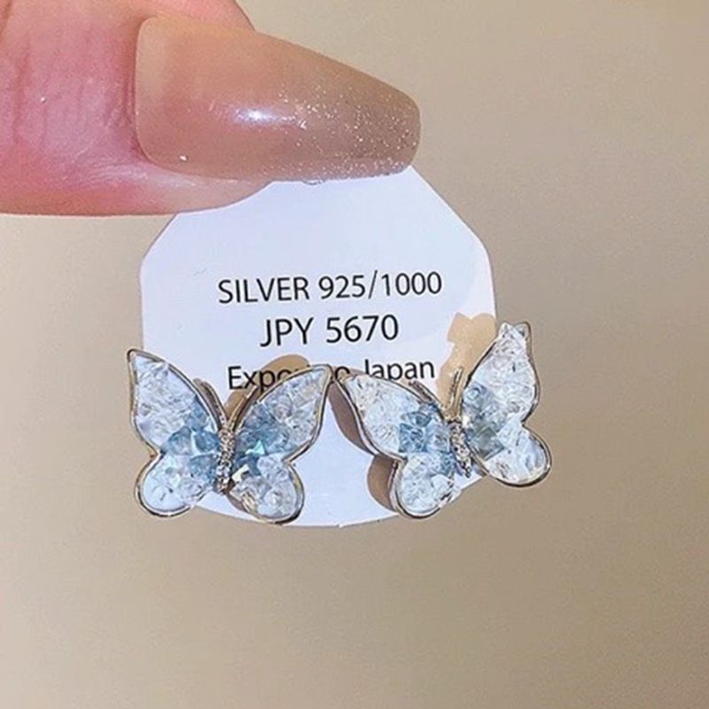 Orecchini a farfalla con perline di vetro blu sfumato in argento, stile estivo fresco, alla moda e dolci._voghion.com