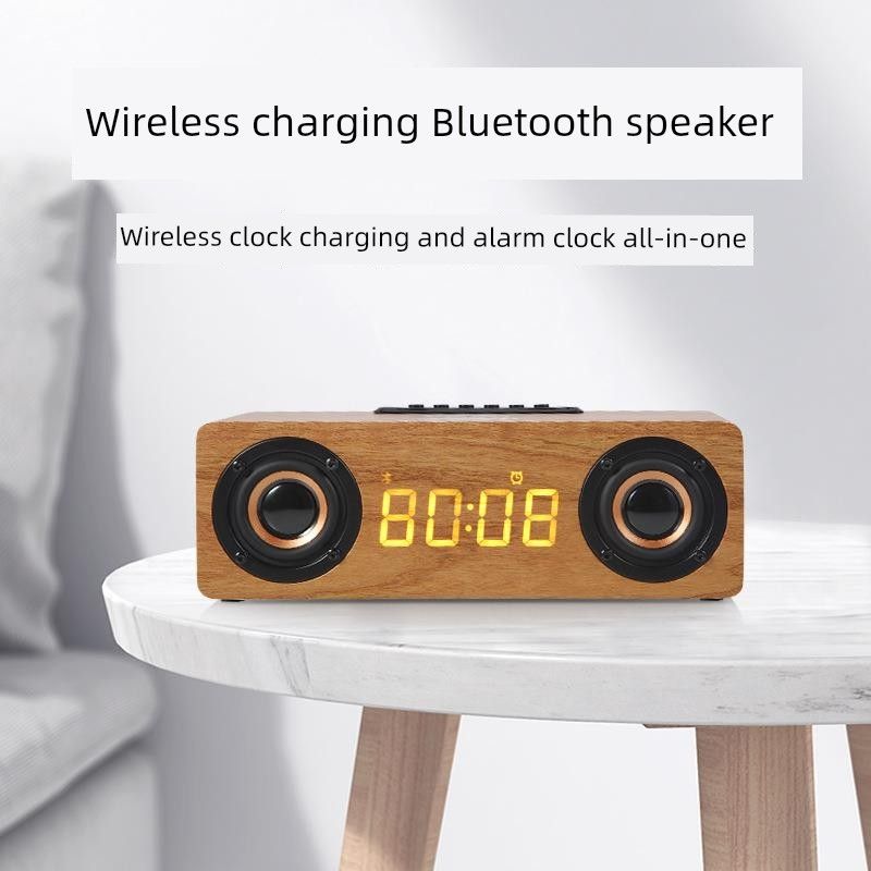 Multifunctionele high-end Blueooh audio subwoofer USB-poort draadloze oplaadbare wekker in houten luidspreker_voghion.com