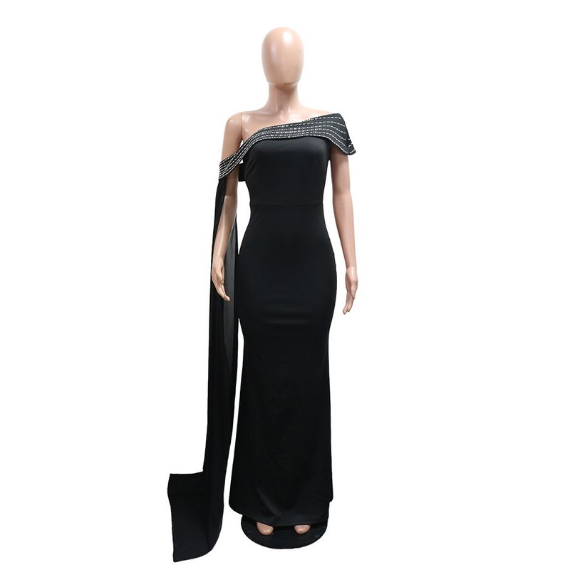 Elegantes schulterfreies, figurbetontes Kleid – Slim Fit, langes Kleid mit Strass-Detail für Damen (Schwarz/Orange, S-XXL)_voghion.com