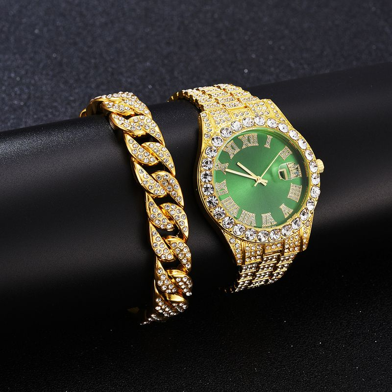 Collana con orologio da uomo Hip Hop Iced Out AAA con catena cubana a 2 file e orologio + bracciale + set punk rapper_voghion.com