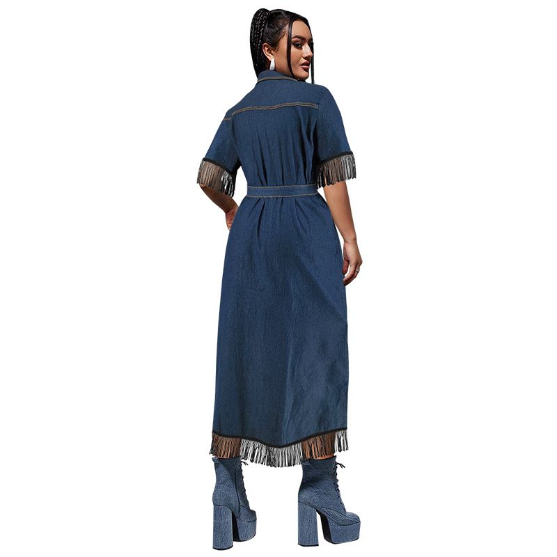 Damenbekleidung in Übergrößen Kurzärmliges Kleid mit Gürtel und Quastenknöpfen – Fließendes A-Linien-Kleid (1XL-5XL, bläulich) – Bequem und stilvoll_voghion.com