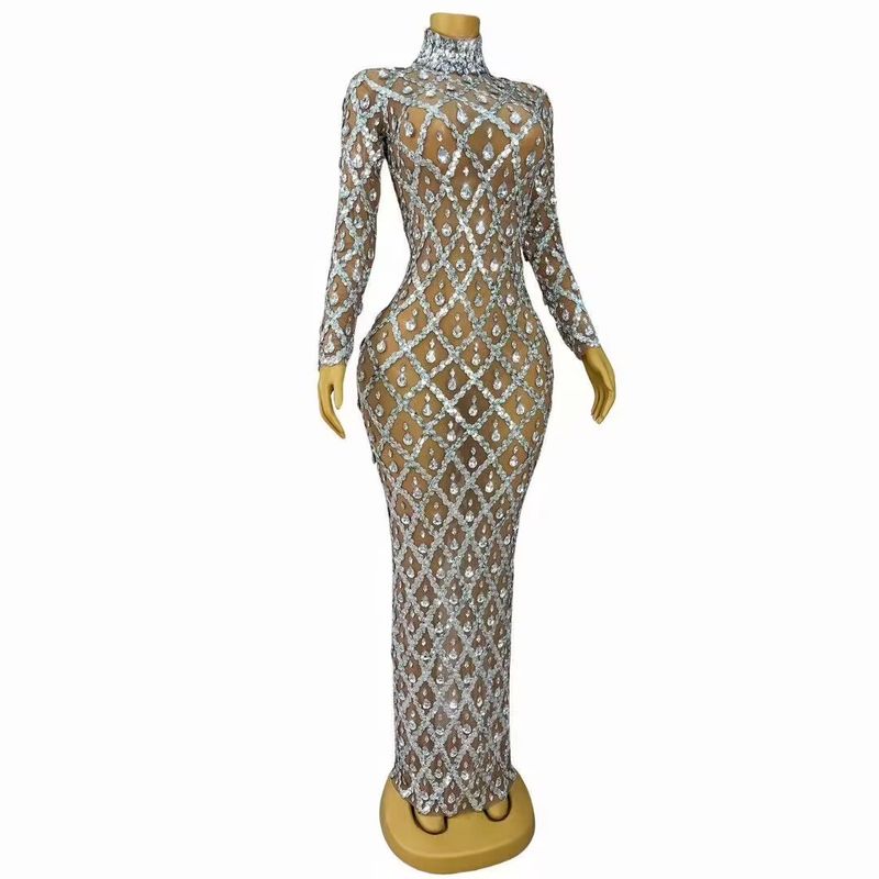 Elegante abito lungo in rete con strass scintillanti - Abito da sera sexy e trasparente per sfilate di moda ed eventi serali_voghion.com