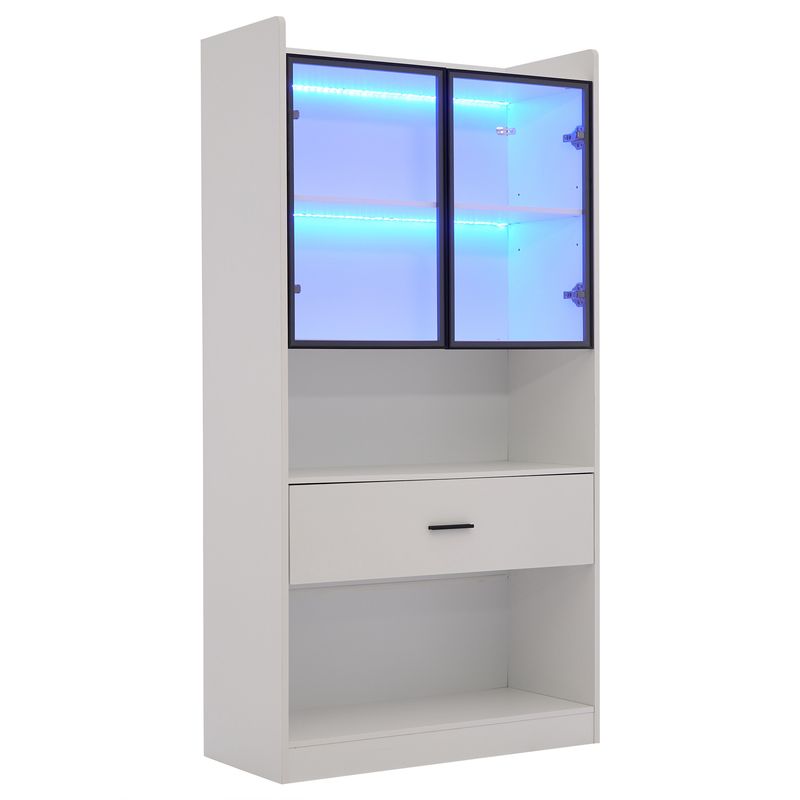 Armoire à curiosités lumineuse, étagères de rangement avec portes vitrées escamotables, grand tiroir et éclairage LED 16 couleurs, vitrine pour objets de collection, bibliothèque de salon, blanche avec cadre noir._voghion.com