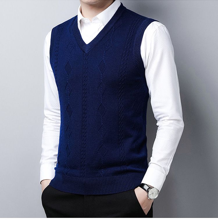 Herren-Wollweste mit V-Ausschnitt, ärmelloser Strickpullover für Papa, einfarbiger Slim-Fit-Pullover für Freizeit und Business_voghion.com