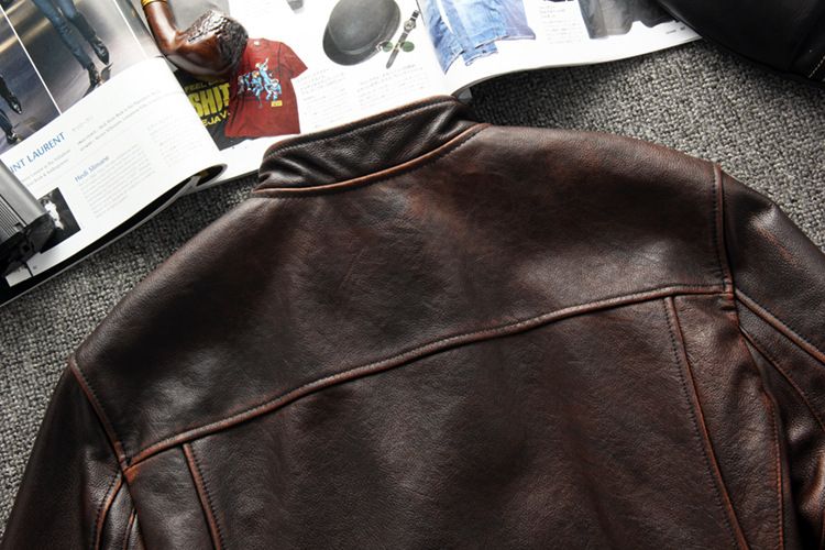 Jaqueta vintage de couro legítimo masculina - Jaqueta de motociclista marrom desgastada com gola alta e fecho de zíper_voghion.com