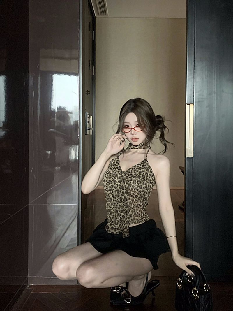 Débardeur d'été à imprimé léopard pour femme, dos nu, moulant, court, sexy, à l'intérieur et à l'extérieur, Spice Girl_voghion.com