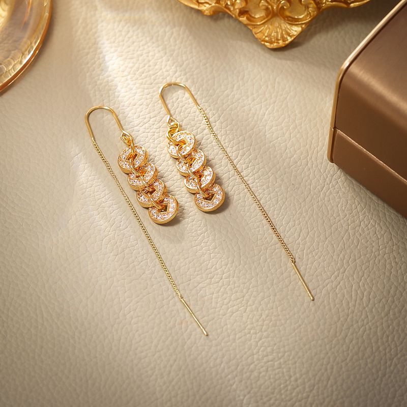 Boucles d'oreilles pendantes en forme de pièces de monnaie de style chinois - Design à long pompon, luxe léger, élégant et tendance avec une personnalité unique_voghion.com