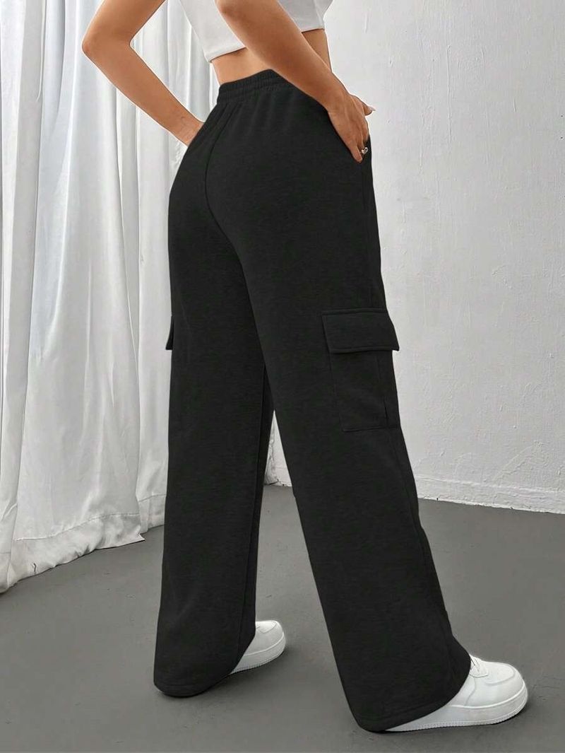 Pantalones cargo para mujer, estilo jogger, cintura alta, cordón ajustable, pierna ancha, informales, con múltiples bolsillos, estilo urbano, negro/beige/gris claro._voghion.com