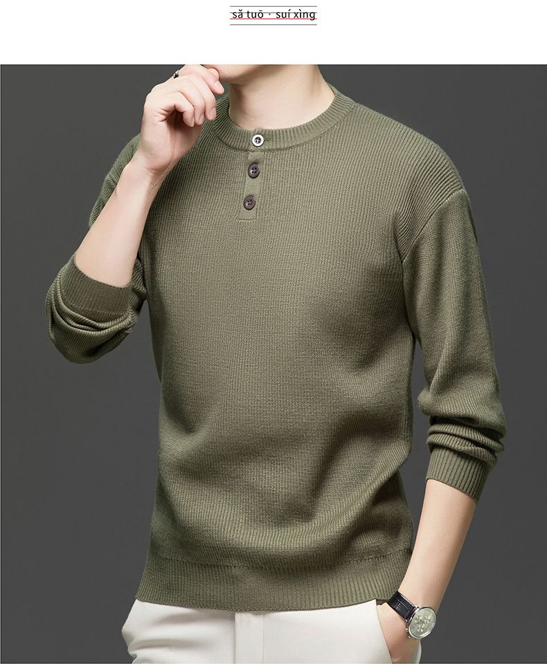 Men's Relaxed-Fit Round Neck Sweater – Premium Soft Knit (Khaki/Black/Grey/Green, M-4XL, Oversized Casual Pullover)_voghion.com