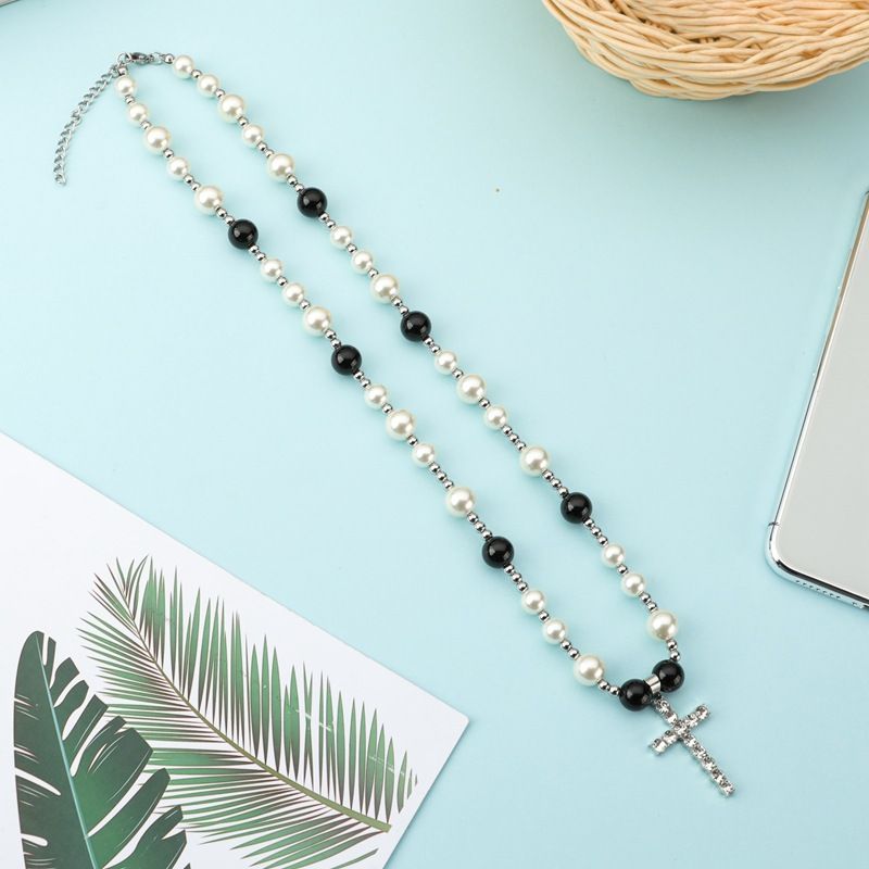 Hip Hop Style Stainless Steel Inlaid Cross Pendant For Men Fashion Geometric Color-Block Pearl Necklace_voghion.com