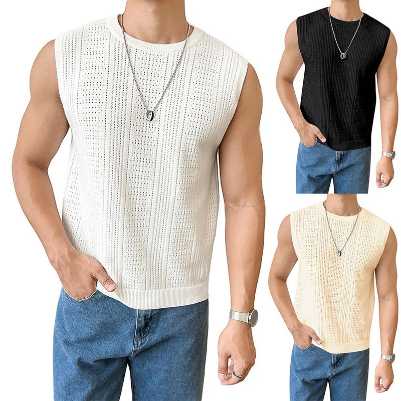 Summer Men's New Solid Color Knitted Fashion Sleeveless Top Hollow Breathable Round Neck Casual Vest_voghion.com