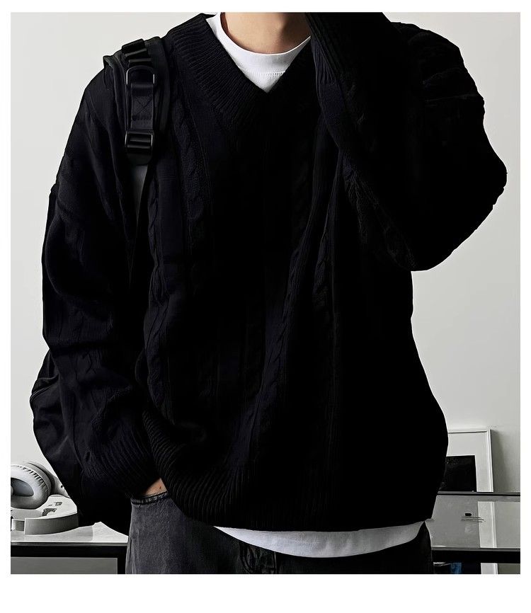 Maglione marrone a trecce con scollo a V per uomo, maglione casual autunnale Melad, maglietta Lazy Base_voghion.com