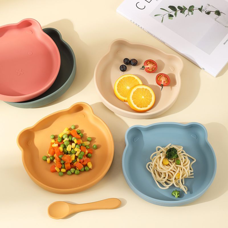Plato para bebé, cuenco de silicona con dibujos animados de alimentos complementarios integrados con osito, cuchara para niños, utensilios de alimentación para bebés_voghion.com