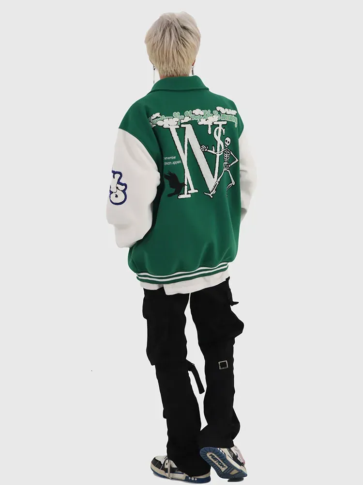 Men's Patchwork Jacket: Flocked Skeleton Varsity Bomber - Cool Male Jackets, Loose Fit College Coat, Blue Hip Hop_voghion.com
