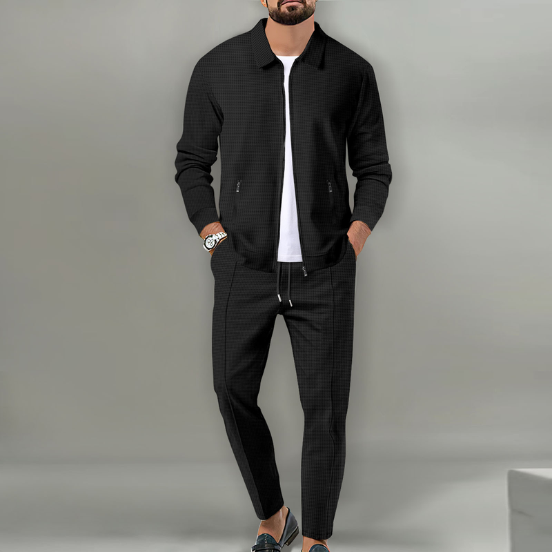 2024 Kåpe Høst Ungdom Vaffel Glidelås Lomme Flip Krage Slim Fit Cardigan Jakkesett for menn_voghion.com