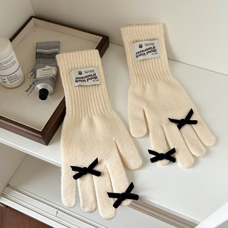 Touchscreen Bowknot Five-Finger Cute Korean Style Thickened Fingerless Knitted Warm Gloves For Autumn And Winter_voghion.com
