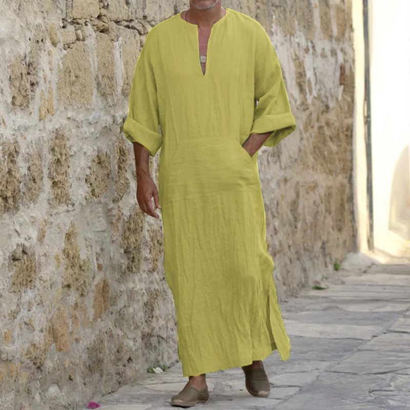 2025 hombres Jubba Thobe Kaftan árabe islámico con cuello en V manga larga sólido algodón Lino bata musulmana Arabia hombre Abaya_voghion.com