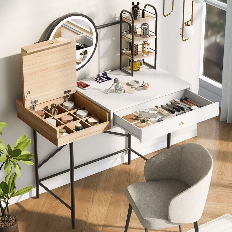 40 Inch Makeup Vanity Desk With 3-Mode Lighted Mirror & Wireless Charging Station,Vanity Table With Drawer & 3 Open Shelves For Ample Storage Space,Dressing Table For Bedroom_voghion.com