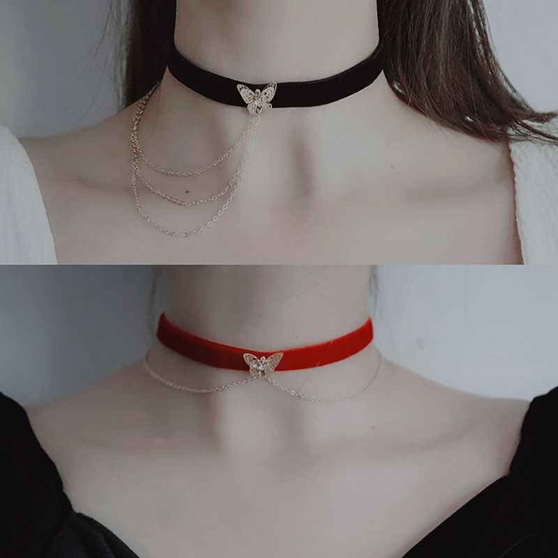 Gargantilla Veet de cadena de color dorado de doble capa lista para usar, collar corto de mariposa de moda para mujeres, niñas, estudiantes, estética gótica_voghion.com