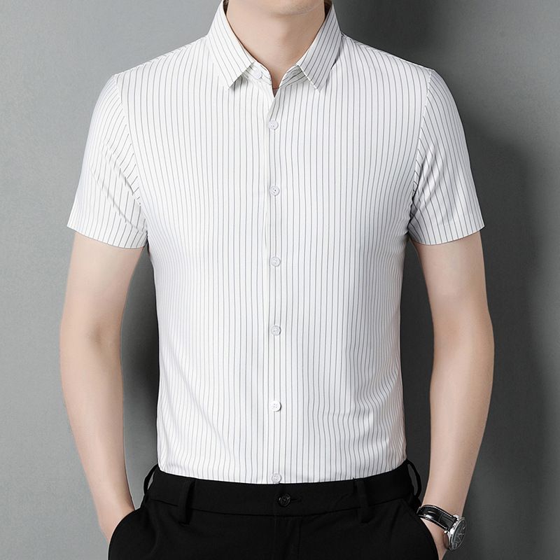 Camicia da uomo CT Ice Silk elasticizzata a maniche corte, estiva, casual, da lavoro, con stampa a righe sottili_voghion.com