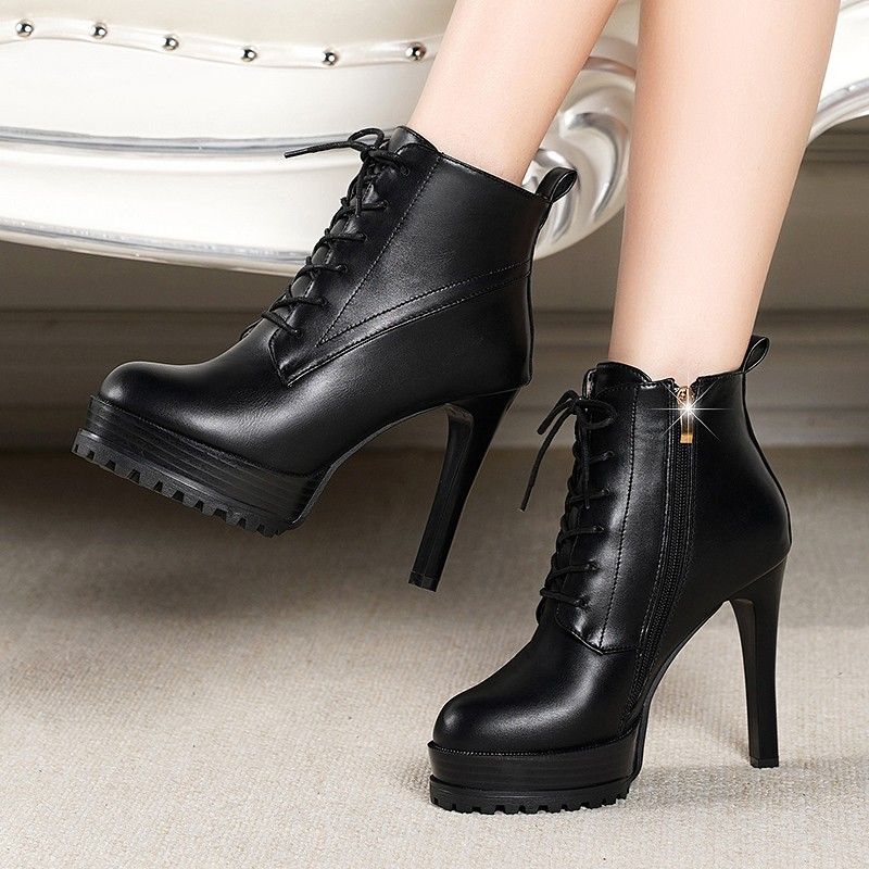 Stivali da donna con punta tonda alla moda, allacciati, neri, Martin, stivali singoli autunnali e invernali, tacchi alti corti e tubolari,_voghion.com