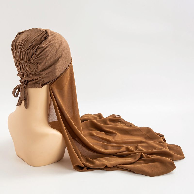 New chiffon turban pleated drawstring hat set single color pearl chiffon turban pleated bottom hat combination_voghion.com