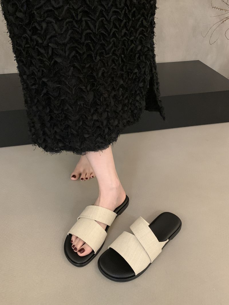 Niche Design Linen Square Head Open Toe Flat Slippers For Women Summer Wear Fairy Style Seaside Vacation Beach Sandals_voghion.com