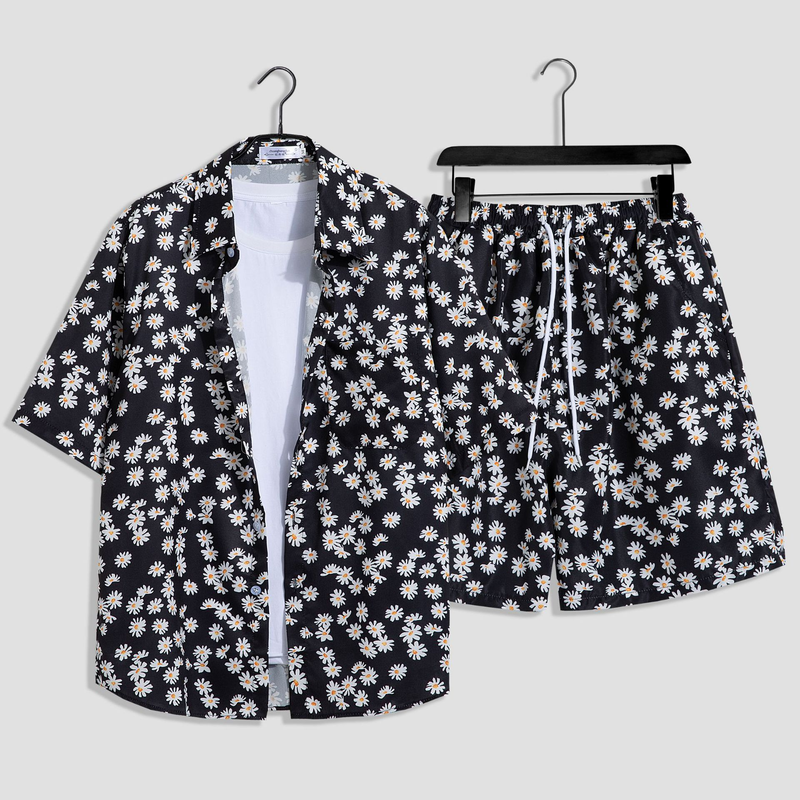 Herenkleding aan zee, strandvakantie, losse heren, plus size paar, trendy bloemenoverhemd met korte mouwen, casual tweedelige set_voghion.com