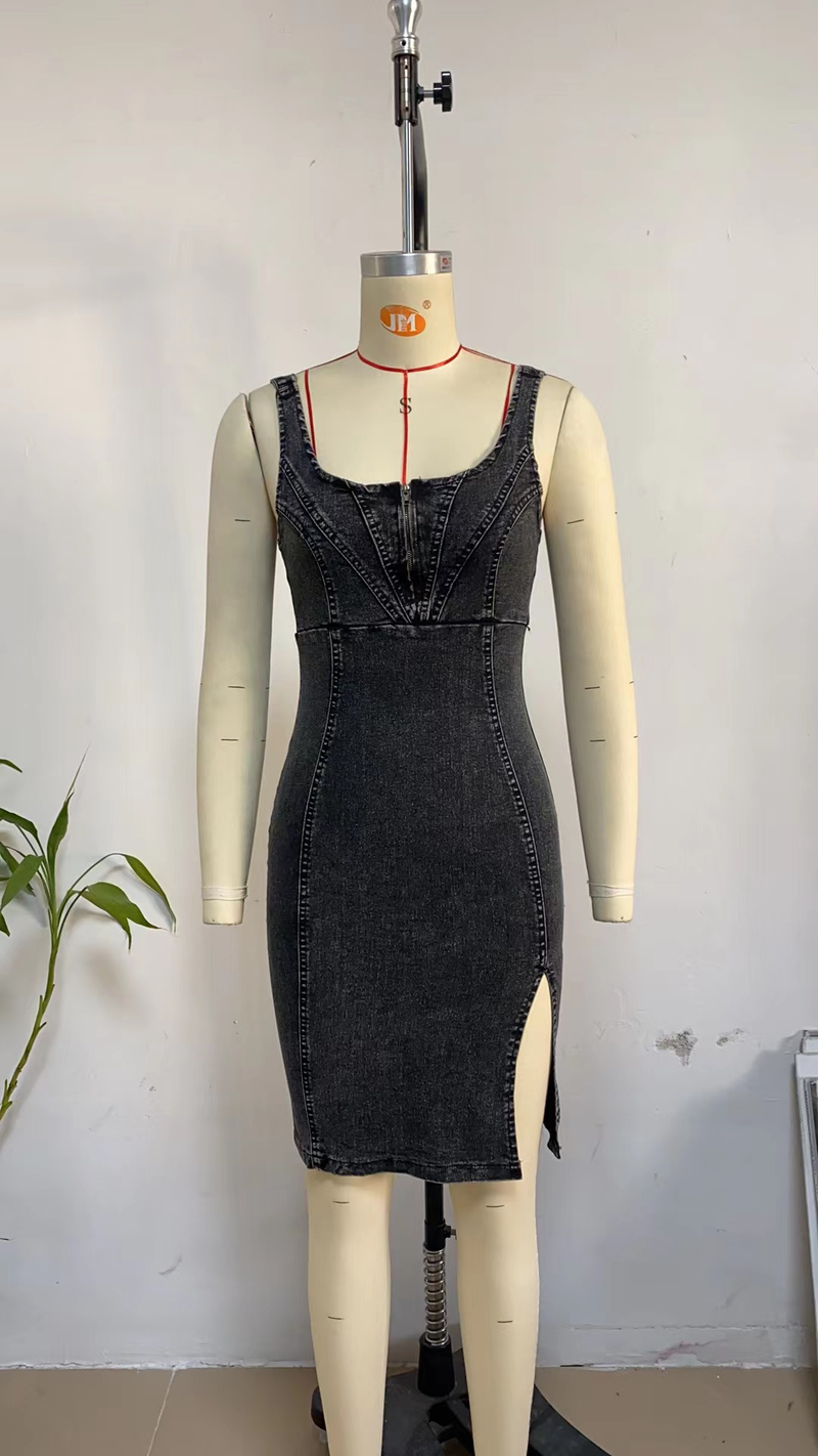 Vintage Stil Date Night Weekend Outing Denim Baumwolle U-Ausschnitt Jeanskleid_voghion.com