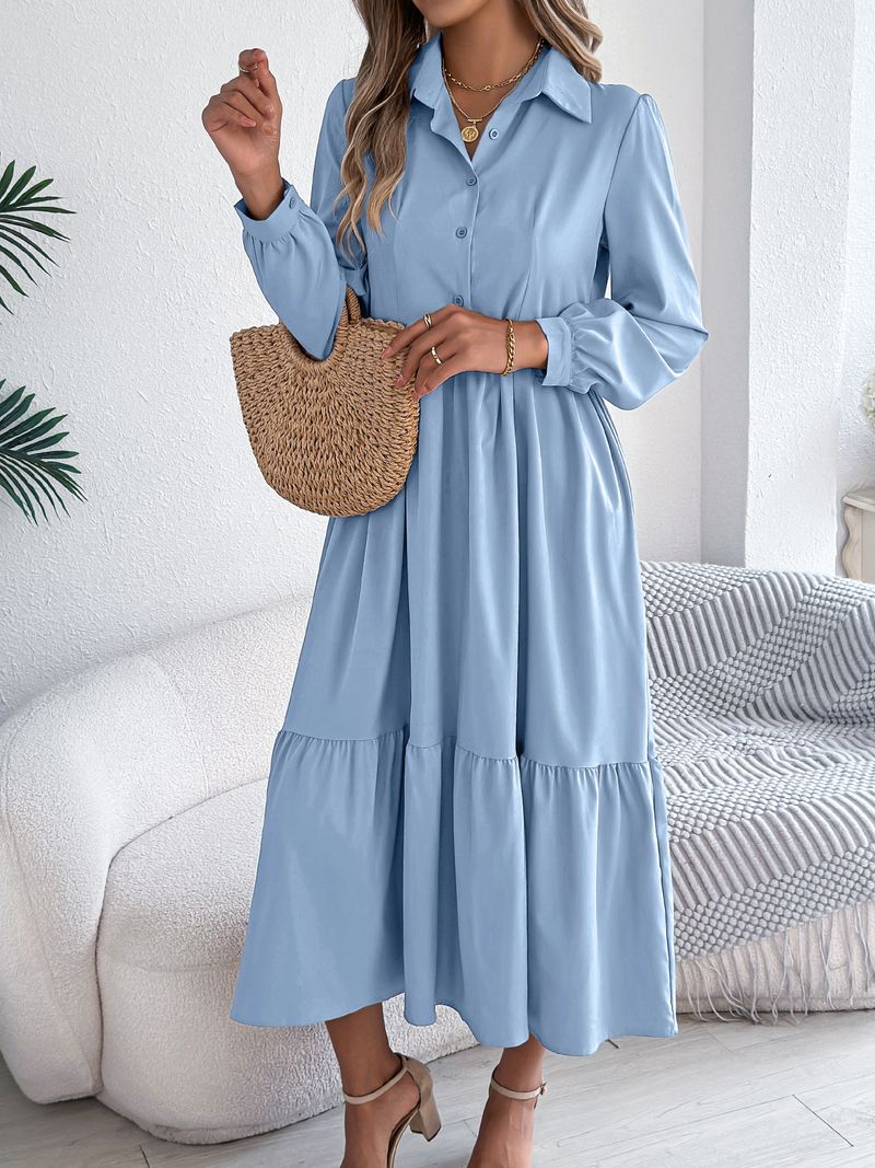 Abito camicia casual con volant e orlo a maniche lunghe, ampio e colletto rovesciato, autunno inverno 2025, moda donna_voghion.com