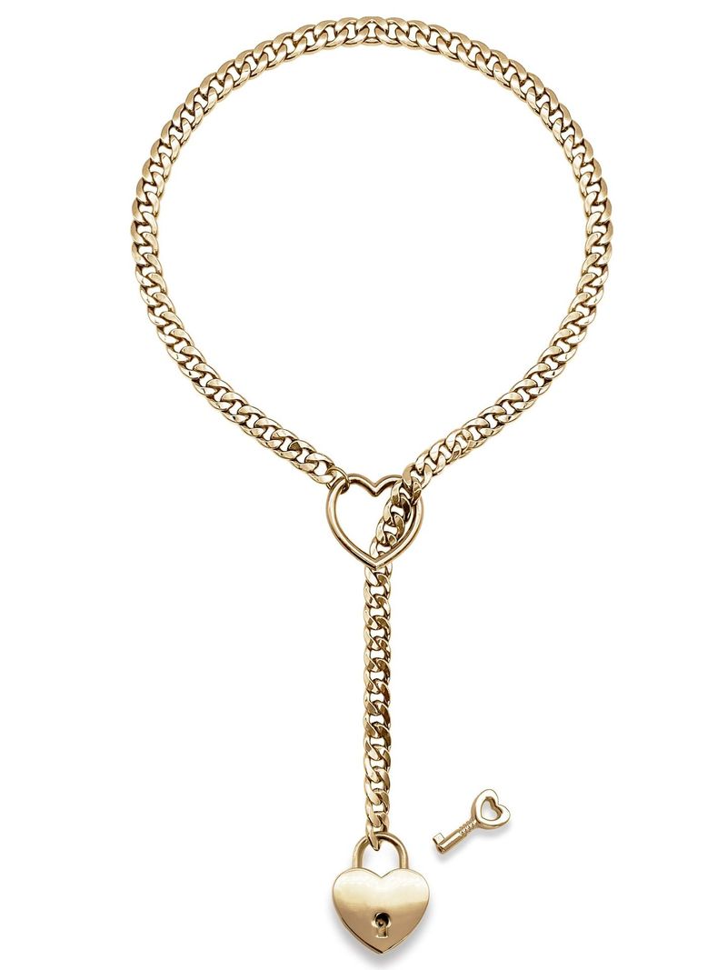 Collana in ottone placcato oro vero, di grande vendita, con anello a forma di cuore, stile punk, rock, cubano, lunga catena, con lucchetto a cuore._voghion.com