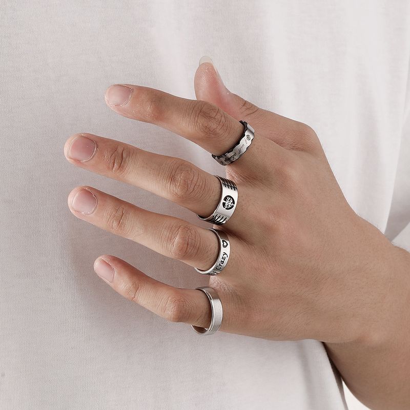 Fashion Commuter Creative Exquisite Letter Pattern Men's Stainless Steel Cuban Style Tree Of Life Crown Ring Set_voghion.com