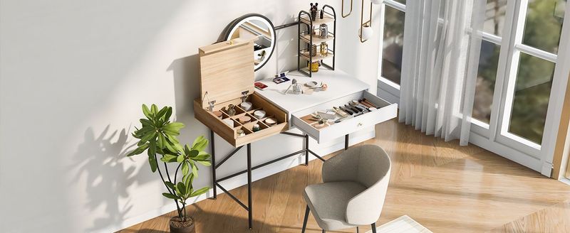 40 Inch Makeup Vanity Desk With 3-Mode Lighted Mirror & Wireless Charging Station,Vanity Table With Drawer & 3 Open Shelves For Ample Storage Space,Dressing Table For Bedroom_voghion.com