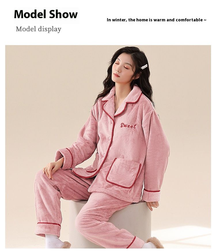 Damvinterpyjamas med förtjockad korallfleece 2024 nya flanellvarma hemkläder för vår och höst_voghion.com