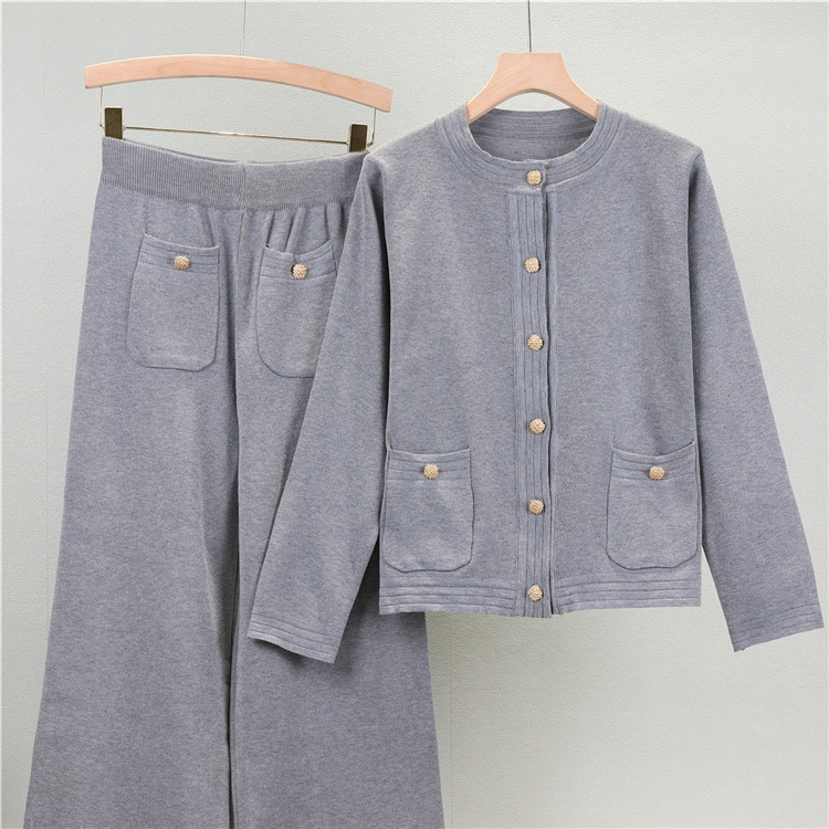 Women's Clothing fashion casual knitted suit women's autumn long sleeved cardigan top wide leg trousers small fragrance two piece set_voghion.com