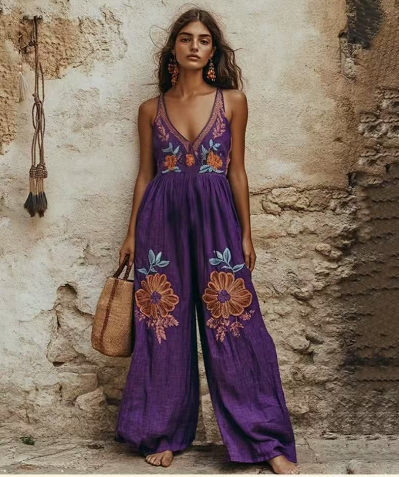 Women's Clothing Summer New Retro Printed Floral Cotton And Linen Suspenders Wide Leg Jumpsuit Trousers_voghion.com