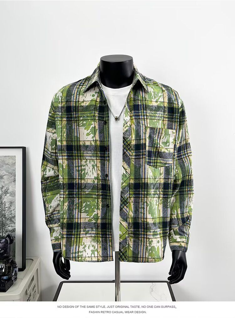 Herren-Langarmhemd mit Batikmuster und Karomuster – Stilvolles, locker sitzendes Freizeit-Overshirt mit Kentkragen für Frühling und Herbst_voghion.com