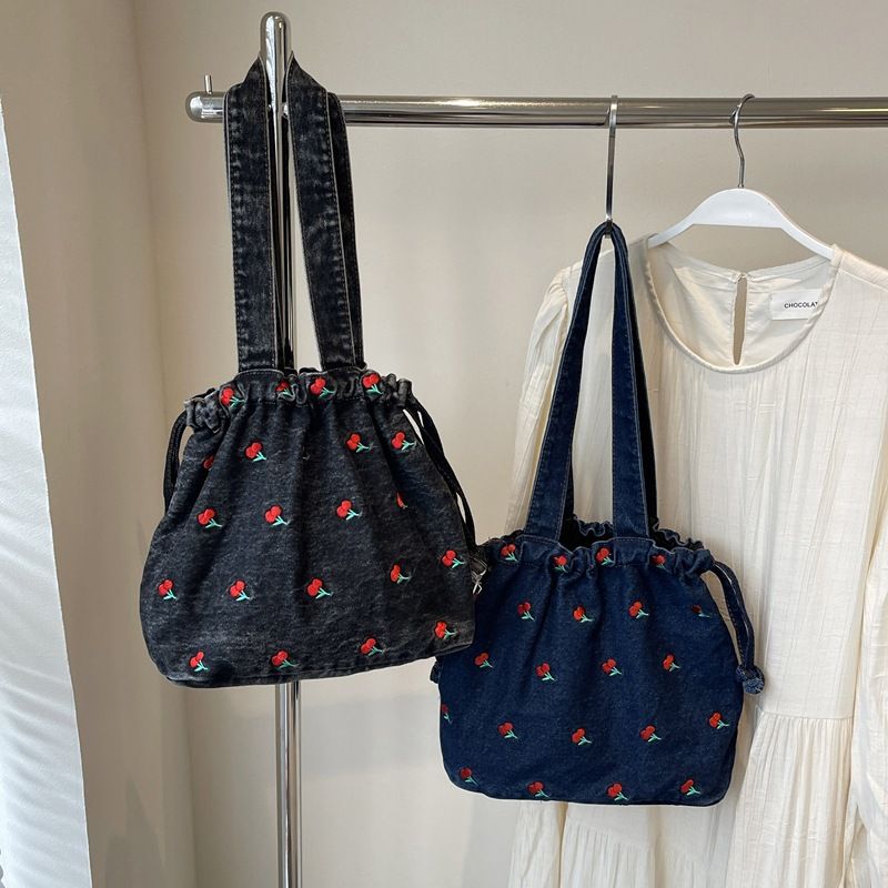 Embroidered Cherry Denim For Women 2025 New Drawstring Bucket Niche Design Shoulder Bag Commuter Tote_voghion.com