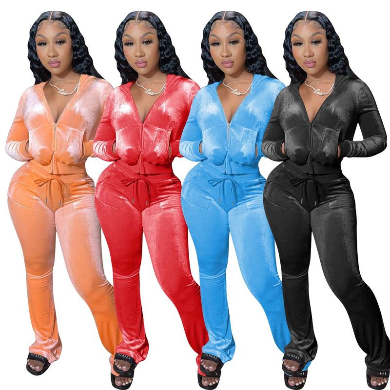 Women's Solid Color Multi-color Casual Canary Pocket Hooded Zipper Hoodie Wide Leg Pants Two-piece Set_voghion.com