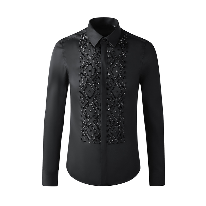 Camicia da uomo di qualità imbattibile, fatta a mano, con perline in metallo e pietre geometriche nere, elegante, cucita, con maniche lunghe e design leggero._voghion.com