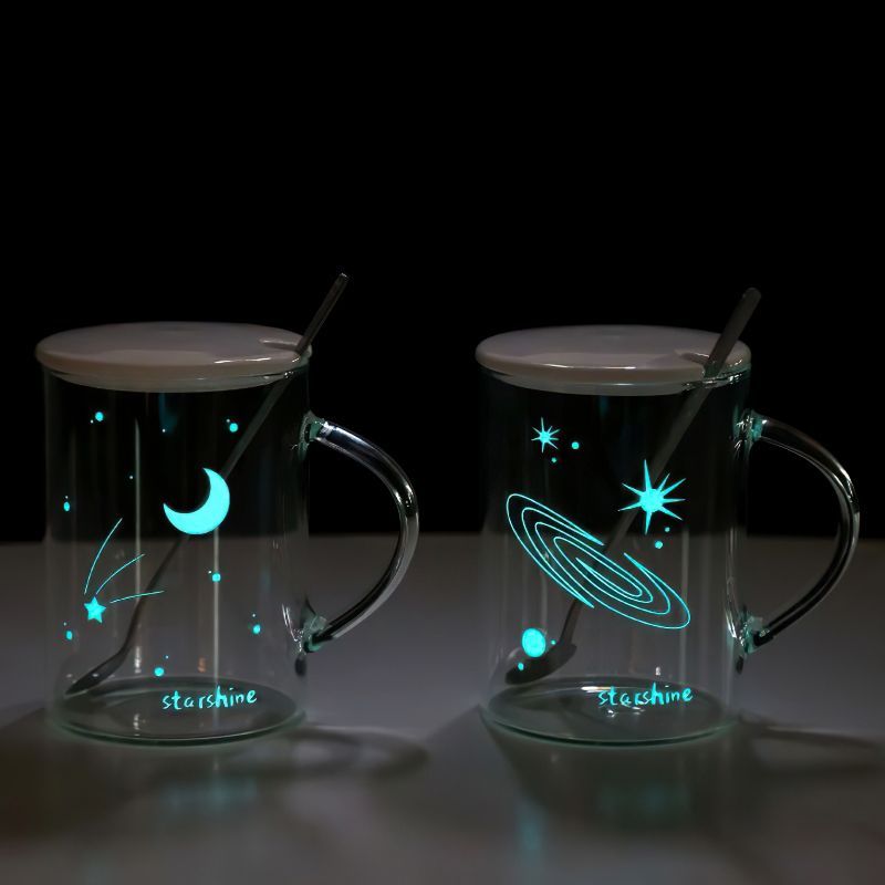 Luminous Heat-Resistant Glass Handle, Starry Sky Office Cup Men Women, Transparent Mug For Tea Coffee With Lid And Spoon_voghion.com