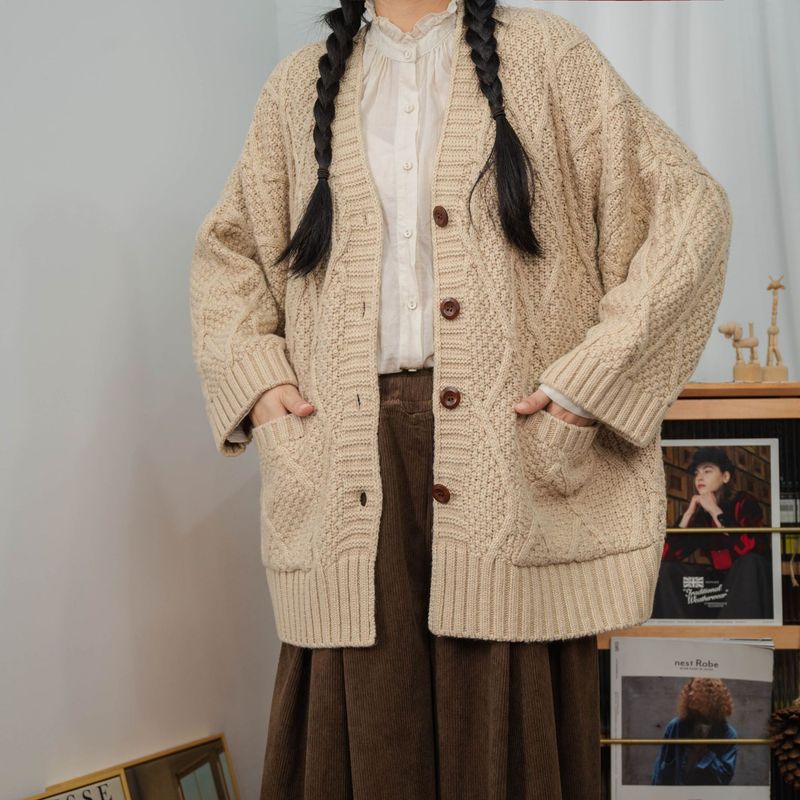 ragazza 2025 Autunno Donna Taglie Forti Cardigan Lavorato a Maglia in Cotone e Lino Maglione Natalizio di Lana di Media Lunghezza con Scollo a V e Design Traforato_voghion.com