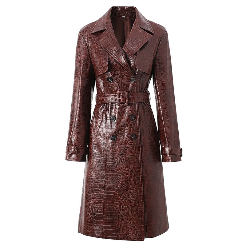 Women's Clothing Spring And Autumn Pu Leather Extended Style Atmospheric Lace Up Leather Coat Windbreaker_voghion.com