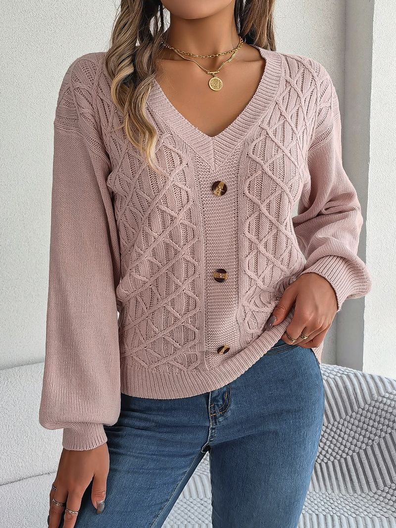 Maglione pullover con maniche a lanterna intrecciate e bottoni casual stile autunno inverno per donna_voghion.com