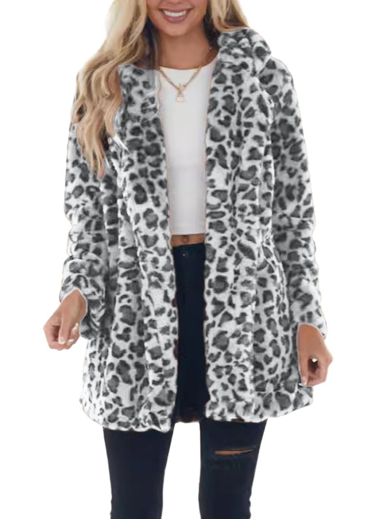 Women's Leopard Print Faux Rabbit Fur Coat Long Sleeve Mid-Length Outerwear With Pockets Loose Fit Winter Fashion_voghion.com